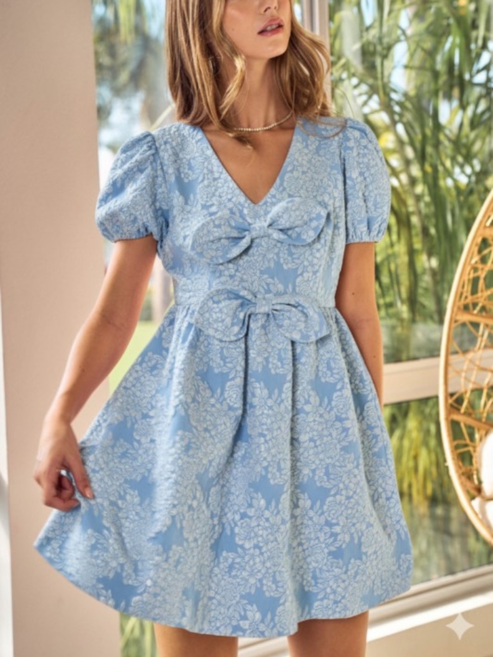 Jacquard Puff Sleeve Mini Dress Double Bow Detail